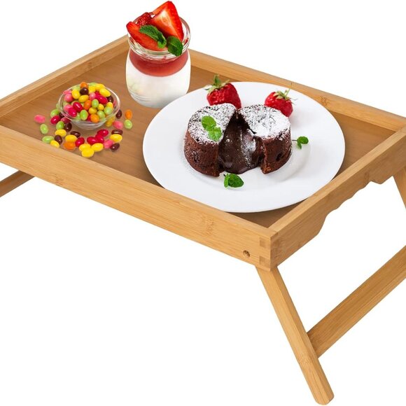Bed Tray Table with Folding Legs,Bamboo Breakfast in Bed for TV Table, Laptop Co - Picture 1 of 7